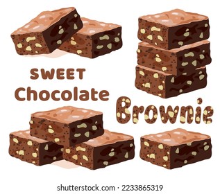 vector chocolate brownies isolated on white background. piles of brownie cake pieces with nuts as homemade dessert food illustration. eps10