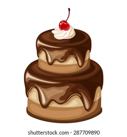 Vector Chocolate Cake With Cherry Isolated On A White Background.