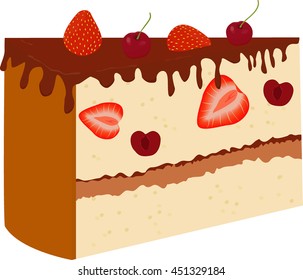 Vector chocolate cake with cherry and strawberry isolated on a white background.