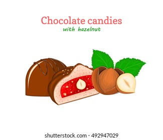 Vector chocolate candies illustration. Set of two chocolates a whole and slice with strawberry jelly hazelnuts. Delicious sweets for menu design, cards, candy packaging