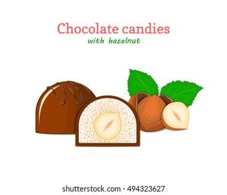 Vector chocolate candies illustration. Set of two chocolates and a piece of whole breast with sweet hazelnuts. Delicious sweets for menu design, cards, candy packaging