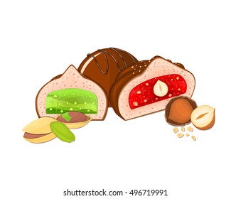 Vector chocolate candies illustration. Set of three chocolates a whole and slice with strawberry jelly and hazelnut slice with green apple jelly and pistachio. Delicious sweets for menu design