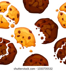 Vector chocolate chip cookies pattern. Oatmeal cookie with chocolate crumbs seamless pattern. Chocolate cookies vector illustration. Bitten and broken cookies background.