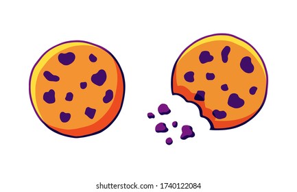 Vector Schokoladenchip knackige Kekse isoliert auf einem weißen Hintergrund. Cartoon Cookie Icons oder Logo für Bäckerei, Konditorei, Konditorei, Café.