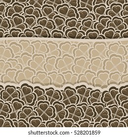 Vector chocolate Clover Pattern for St. Patrick's and Valentine's Day, brown Shamrock banner with border for greeting text, ornament clover foliage, dark shamrock pattern, floral background trefoil.