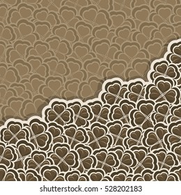 Vector chocolate Clover Pattern for St. Patrick's and Valentine's Day, Brown Shamrock poster with border for greeting text, ornament clover foliage, dark shamrock pattern, floral background trefoil.