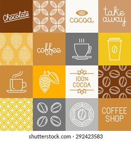 Vector chocolate, cocoa and coffee icons and design elements for wrapping paper and packaging - design elements and logo templates in trendy mono line style