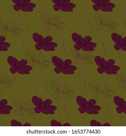 Vector chocolate cosmos flowers pattern. Floral cover, backdrop, wrap