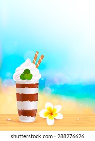 Vector chocolate creamy dessert on blurred summer beach background
