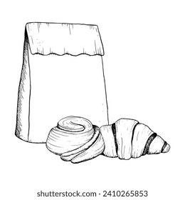 Vector chocolate croissant, cinnamon roll bun and paper craft bag black and white illustration sketch for breakfast and coffee break in bakery designs