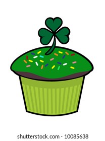 vector of chocolate cupcake with green icing for Saint Patrick's Day, topped with a shamrock for luck