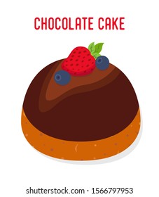 Vector chocolate cupcake with strawberry. Sweet pastry product, cartoon flat style. Bakery, confectionery. Muffin with berry