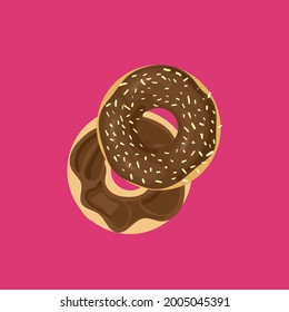 Vector Chocolate Donut, Cut in Half Donut on Bright Pink Background, Sweet Food.