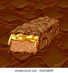 Vector chocolate energy bar illustration with a melting chocolate background