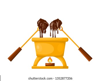 Vector Chocolate fondue with a candle on a white background. Capacity, two forks, two pieces of bread and chocolate. Vector illustration