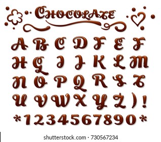 Vector chocolate font. Liquid sweet letters dessert brown melt chocolate latin letters isolated on white background