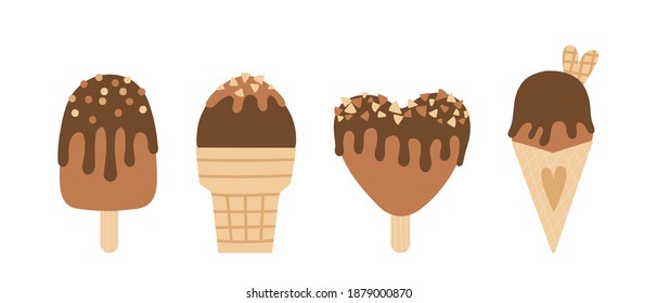 Vector chocolate ice cream. Ice cream cone, eskimo pie popsicle, caramel drips, chocolate drips, waffle heart, crushed hazelnuts, sprinkles.