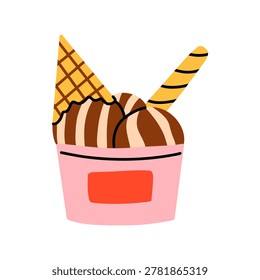 Vector chocolate ice cream dessert in pink paper cup with waffle cone piece and striped wafer stick in flat minimal style. Sweet summer treat illustration for cafe menu, kids party, dessert branding.