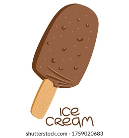 Vector chocolate ice cream on a stick in a flat style on a white background. Stock illustration for packaging, ice cream labels, discount flyers, stocks and sweets design. Dessert on a white isolate.