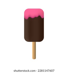 Vector chocolate ice cream with pink strawberry cream. Realistic ice cream stick vector illustration