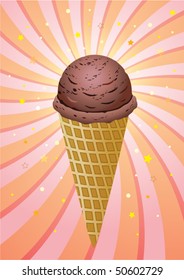 vector chocolate icecream cone on retro background. chocolate ice cream cone design. icecream with waffle illustration