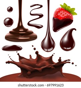 Vector chocolate isolated objects big set. Realistic illustration of melted chocolate splash, drops and strawberry in chocolate cream for design uses