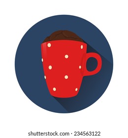 Vector chocolate microwave muffin in a red mug round icon featuring long shadow. Cake in a cup circle icon with dark blue background. Flat cake in a red cup. Microwave cake.