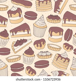 Vector chocolate pastry repeat pattern with cakes, pies, muffins, pancakes, macarons and eclairs on the dotted background. Hand drawn sweet bakery products in sketchy style. 