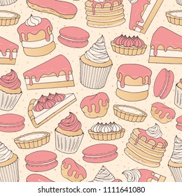 Vector chocolate pastry seamless pattern with cakes, pies, muffins, pancakes, macarons and eclairs on the dotted background. Hand drawn strawberry sweet bakery products in sketchy style. 