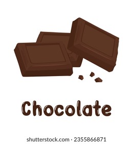 Piezas de chocolate vectorial aisladas en fondo blanco. Ilustración plana de barra de chocolate, trozos con inscripción. Zonas de chocolate negro de postre dulce. Ilustración vectorial plana