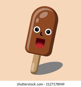 Vector chocolate popsicle on stick character Isolated on light brown background