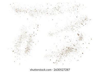 Polvo de chocolate de Vector partículas de polvo salpicaduras aislado conjunto de fondo. Colección de vuelo de la textura del grano de café aislado de fondo