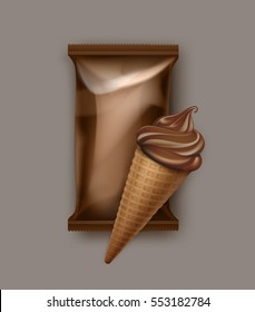Vector Chocolate Soft Serve Ice Cream Waffle Cone with Brown Plastic Foil Wrapper for Branding Package Design Close up Isolated on Background