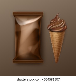 Vector Chocolate Soft Serve Ice Cream Waffle Cone with Brown Plastic Foil Wrapper for Branding Package Design Close up Isolated on Background