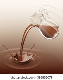 Vector  Chocolate Splash Stream Flow from Jug Glass Close Up Isolated on Background