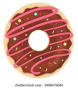 Vektorschokolade und Sprinklen Donut. Draufsicht. Braune Farbe. Einzeln auf weißem Hintergrund