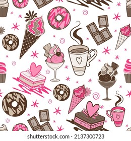 Vector chocolate sweets semless pattern with desserts and coffee. Doodle bright design with pink and brown. Without background.