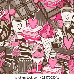 Vector chocolate sweets semless pattern with desserts and coffee. Doodle bright design with pink and brown. 