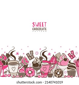 Vector chocolate sweets semless pattern with desserts and coffee. Doodle bright design with pink and brown. Gorizontal pattern or illustration