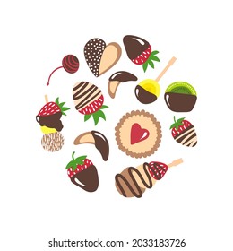 Vector chocolate sweets set. Hand drawn cartoon chocolate sweet isolated. Fruits in white and dark chocolate. Strawberry, kiwifruit, banana, cherry, cookie, canapés, cupcake.