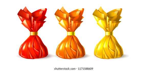 Vector chocolate truffle candy in red, orange, yellow wrapping with golden ribbon set. Bright glossy candy packaging, realistic sweet food, delicious snack. Kids tasty treat object