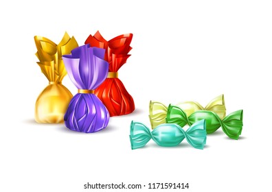 Vector chocolate truffle candy in red, purple, yellow wrapping with golden ribbon, caramel candy set. Bright glossy candy packaging, realistic sweet food, delicious snack. Kids tasty treat object