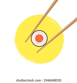 Vector Chopsticks Holding Roll on Bright Yellow Circle Background, Sushi Concept, Japanese Food.