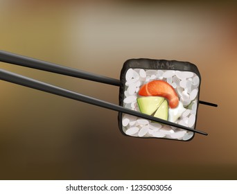Vector chopsticks holding sushi roll with salmon, avocado and soft cheese isolated on blur background