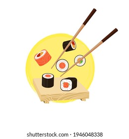 Chopsticks vectoriales con rollos sobre fondo de círculo amarillo brillante, concepto de sushi, menú japonés.