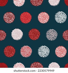 Vector chrismass Colorful holiday Party Pom Poms Set repeating Seamless Repeat Pattern. Great for handmade cards, invitations, wallpaper, gift packaging, designs.