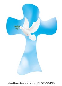 Vector christian cross with dove and olive leaves on sky background. Symbol of peace