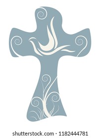 Vector christian cross isolated with dove. Religious sign
