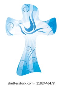 Vector christian cross isolated with dove. Religious sign - multiple exposure