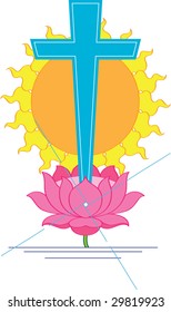 Vector Christian Cross on lotus flower with Sun